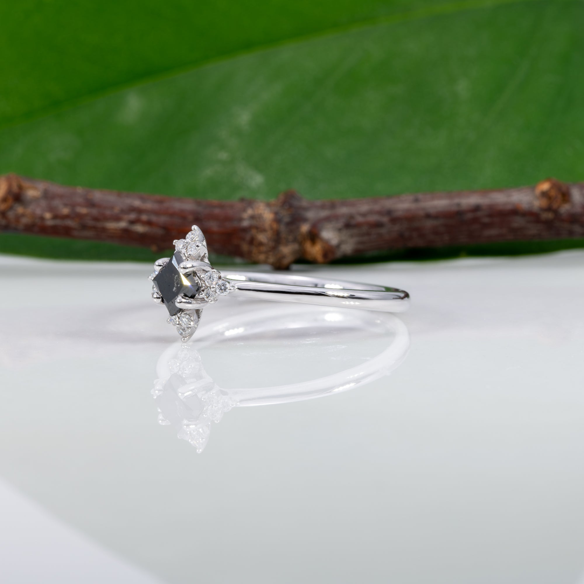 14K white gold black diamond ring with diamond accents