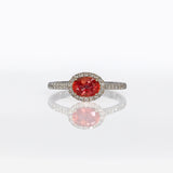 14K white gold padparadscha sapphire oval ring with diamond halo