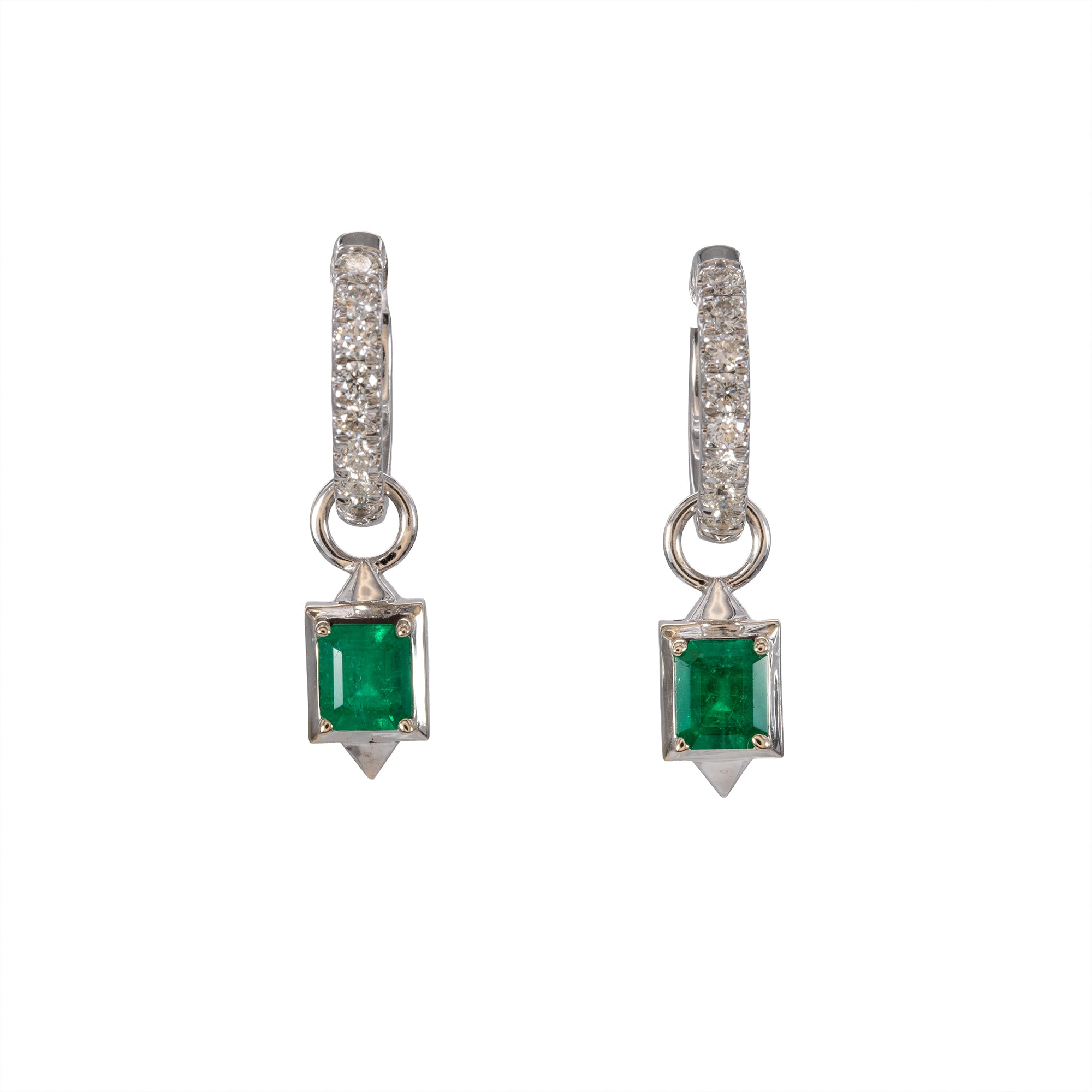 14K white gold convertible Colombian emerald hoop and drop earrings
