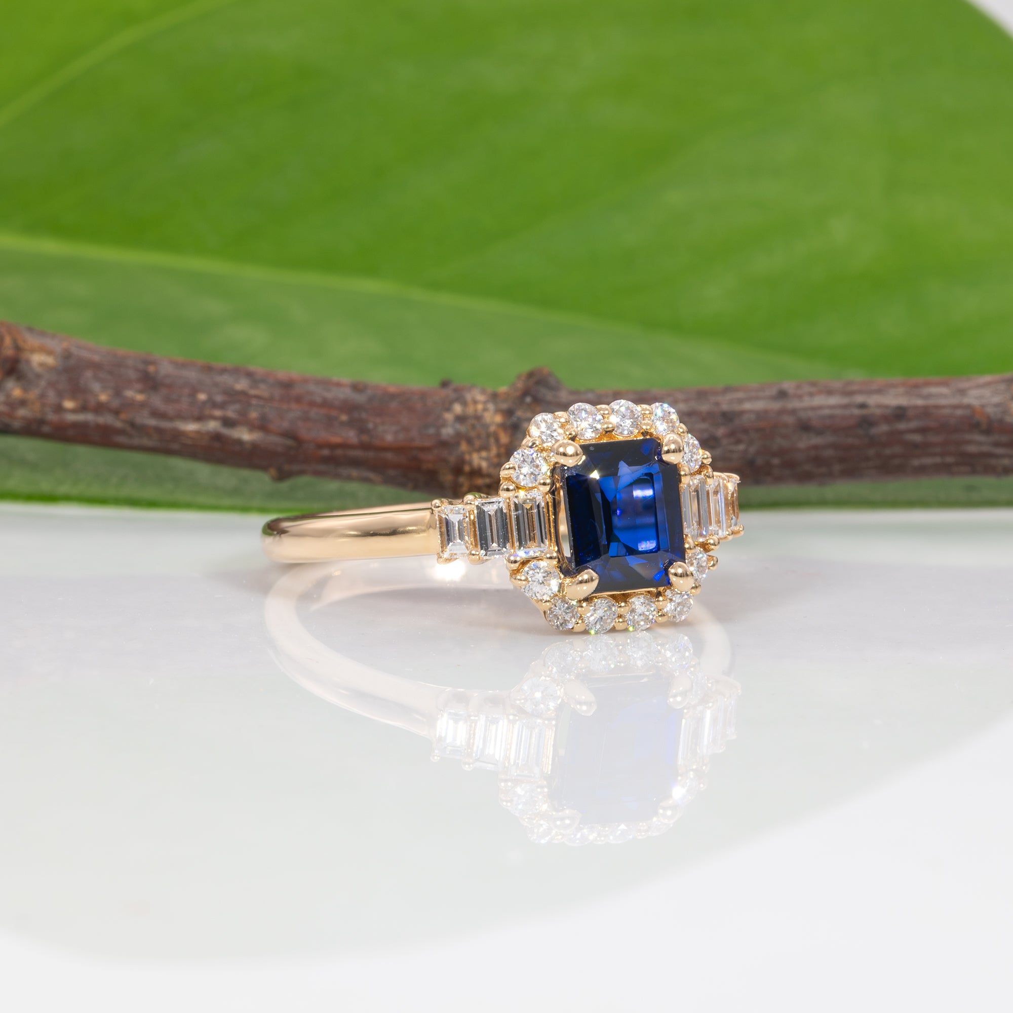 14K yellow gold Ceylon blue sapphire ring with diamond accents
