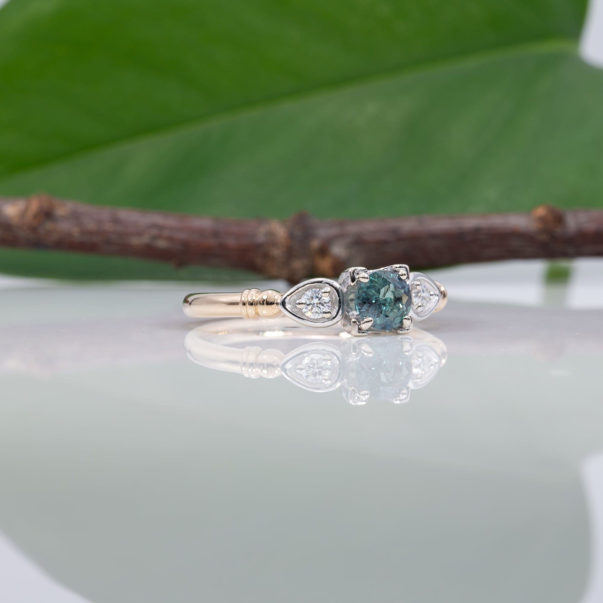 14K white & yellow gold alexandrite ring with diamond accents
