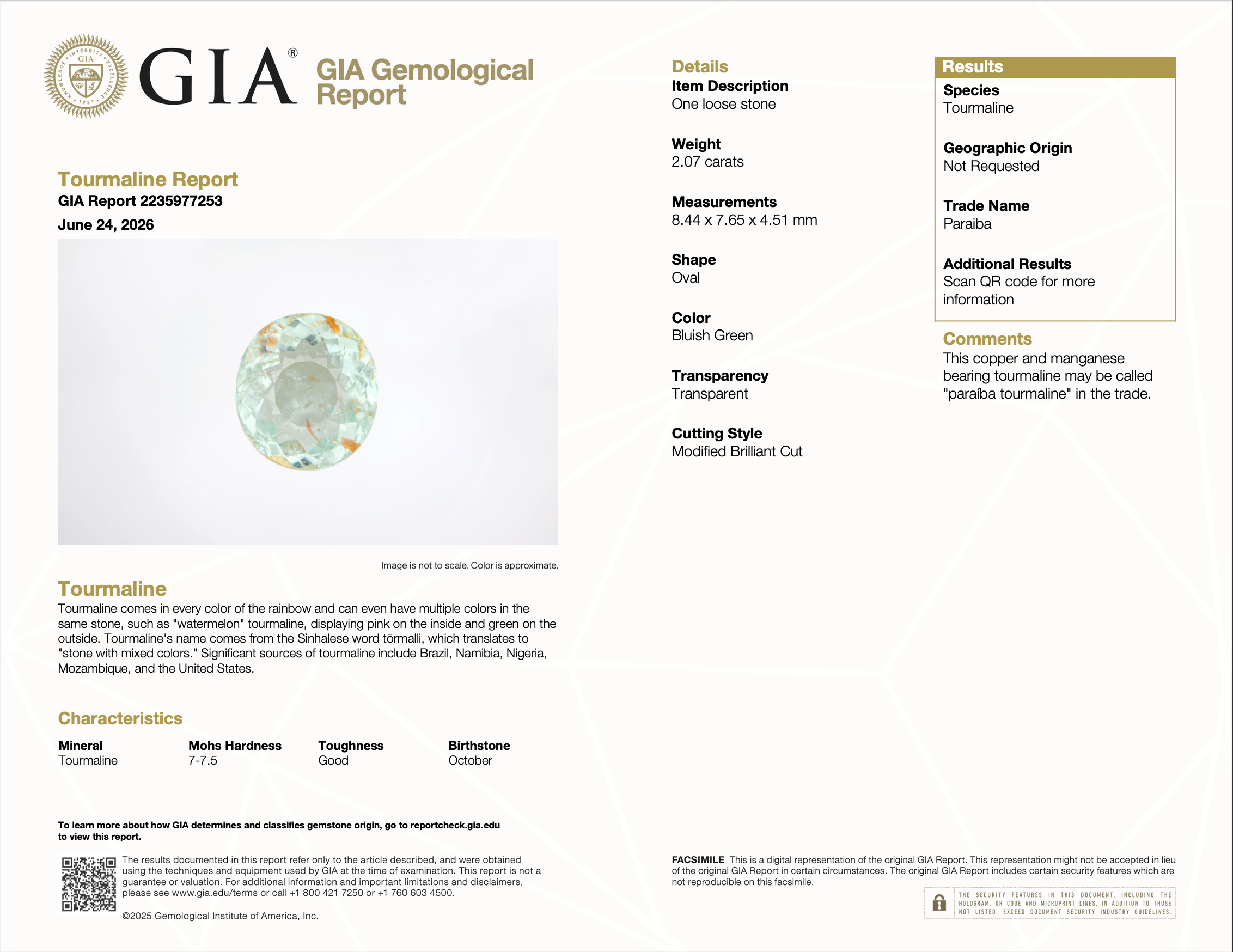 GIA report 2235977253 for 2.08 carat natural untreated Paraiba tourmaline