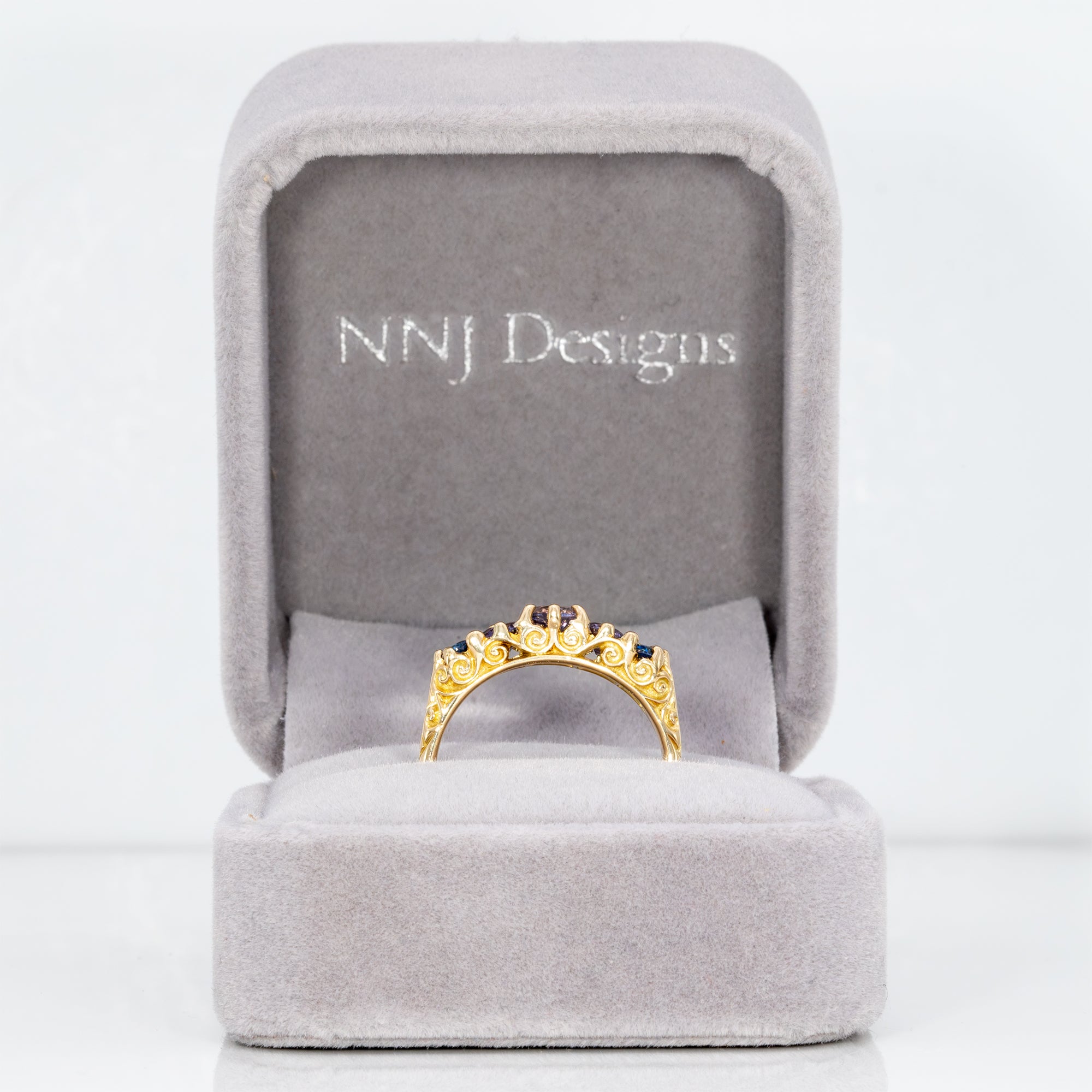 18K yellow gold estate ring with blue and purple sapphires