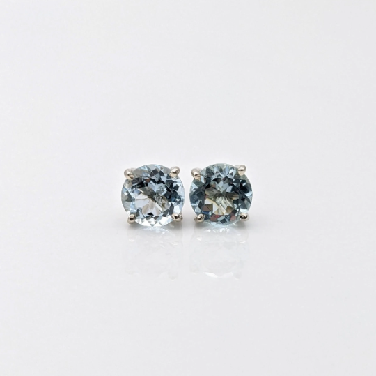 Aquamarine Four Prong Studs in Solid 14K Gold | Round 4mm 5mm 6mm