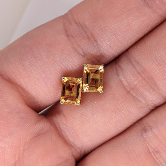 Citrine Prong Set Studs in Solid 14K Gold | Emerald Cut 7x5mm