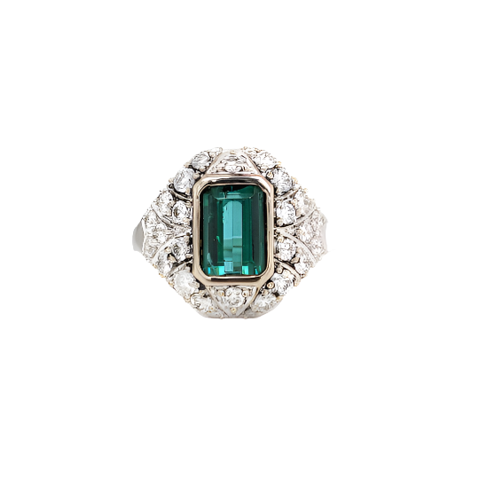 Bold Green Tourmaline Ring w Natural Diamonds in Solid 14k White Gold
