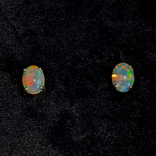 Opal Four Prong Studs in Solid 14K Gold | Oval 7x5mm 8x6mm 9x7mm