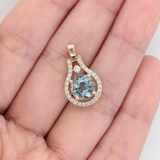 Aquamarine Pendant w Natural Diamond Accents in Solid 14k Yellow Gold