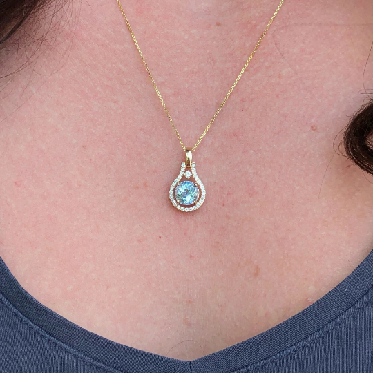 Aquamarine Pendant w Natural Diamond Accents in Solid 14k Yellow Gold