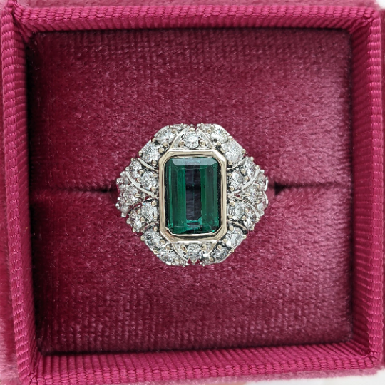 Bold Green Tourmaline Ring w Natural Diamonds in Solid 14k White Gold