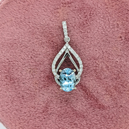 Aquamarine Pendant w Natural Diamond Accents in Solid 14k White Gold
