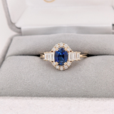 Sapphire Ring w Round and Baguette Diamonds in Solid 14k Yellow Gold