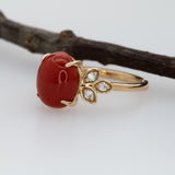 2.3Ct Italian Coral Ring with Earth Mined Diamond Accents in Solid 14K Gold – 10x8mm Statement Fine Jewelry Ring