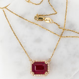 Somi Solid 14K Gold Ruby Pendant Necklace with Attached Chain, Natural Diamonds Halo, 10x8mm