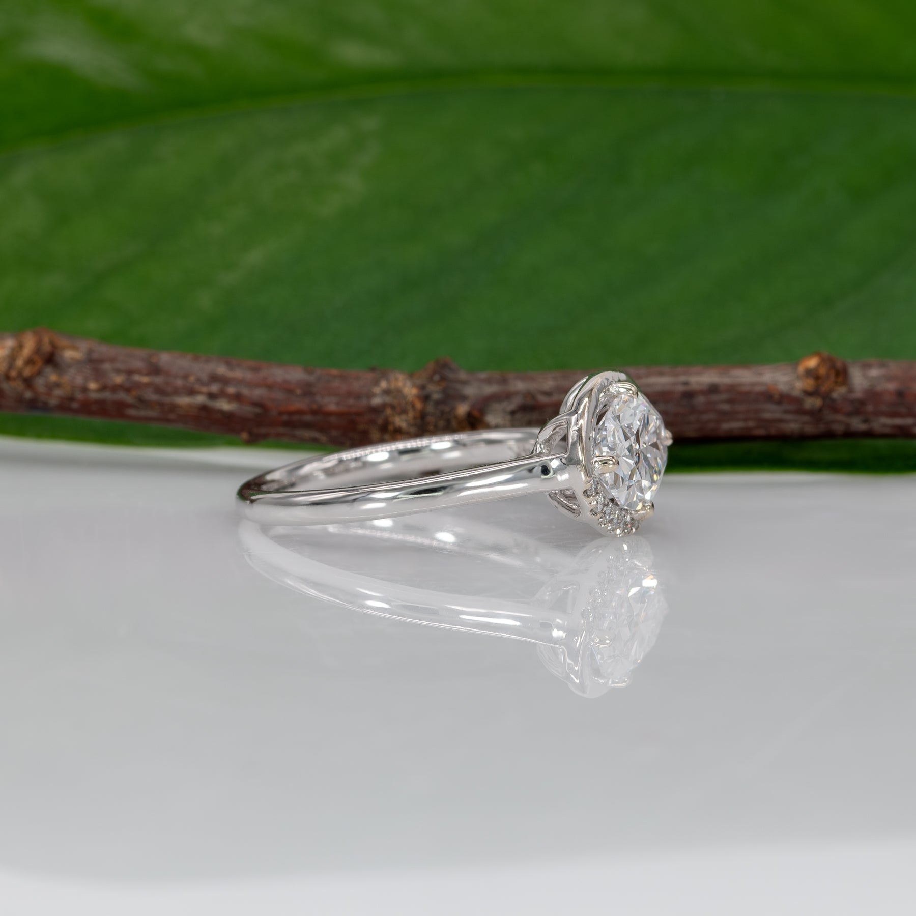 14K white gold oval lab grown diamond ring with diamond accents