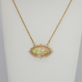 11.2 Ct Natural Opal Necklace with Diamond Accents – Solid 14K Gold Opal Pendant Necklace with Attached Chain