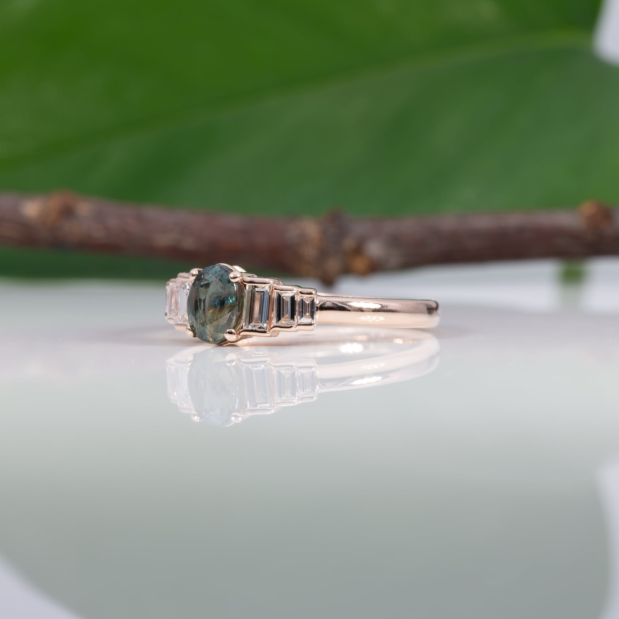 14K rose gold alexandrite ring with diamond accents