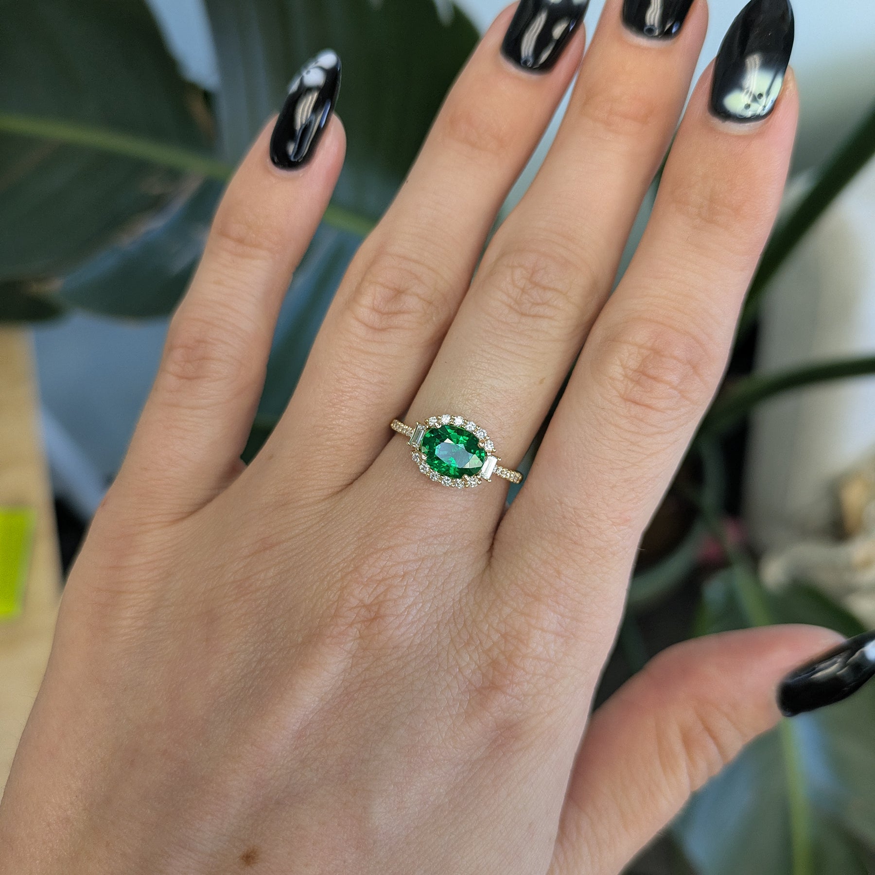 14K yellow gold tsavorite garnet ring with diamond accents