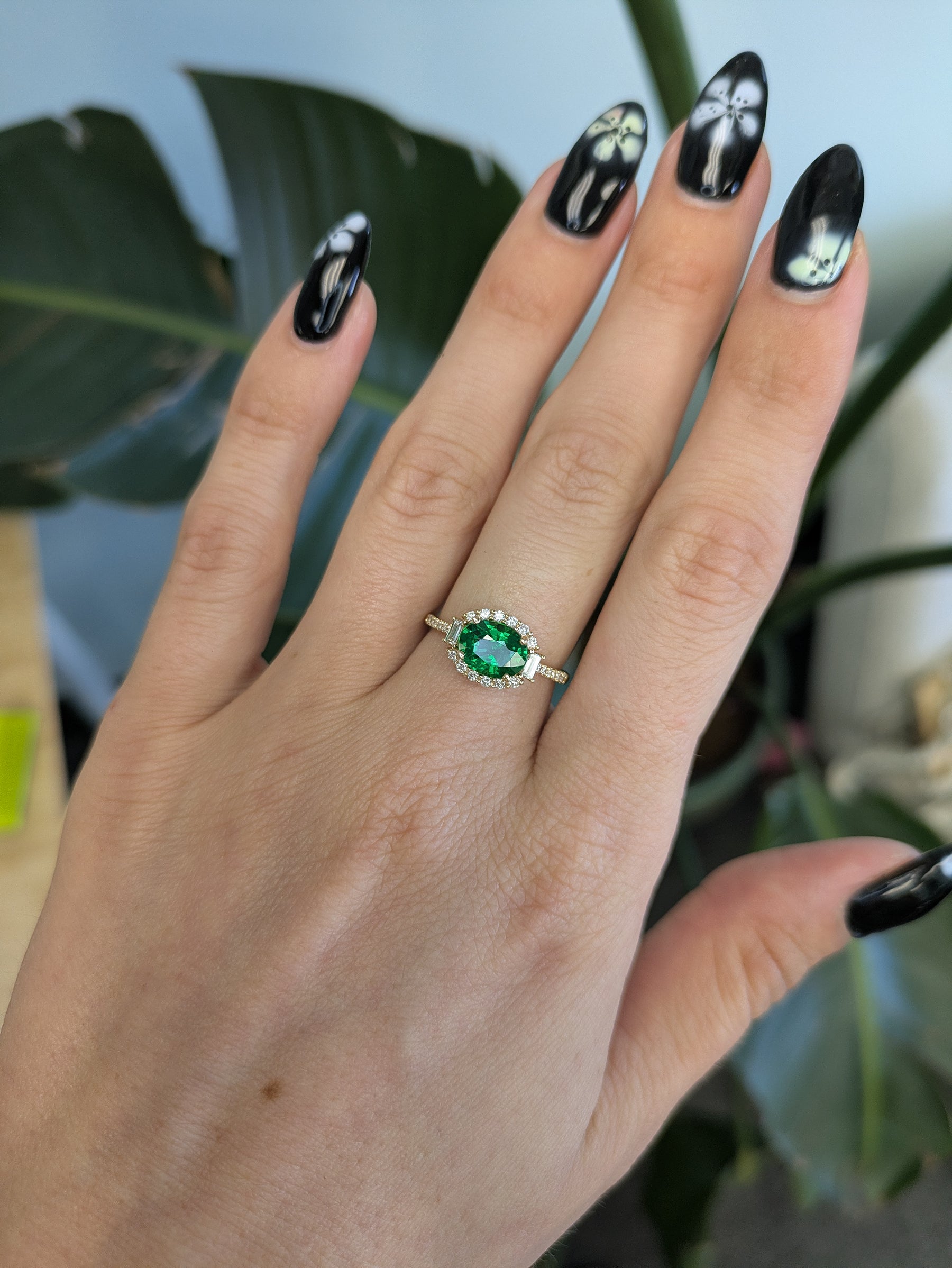 14K yellow gold tsavorite garnet ring with diamond accents