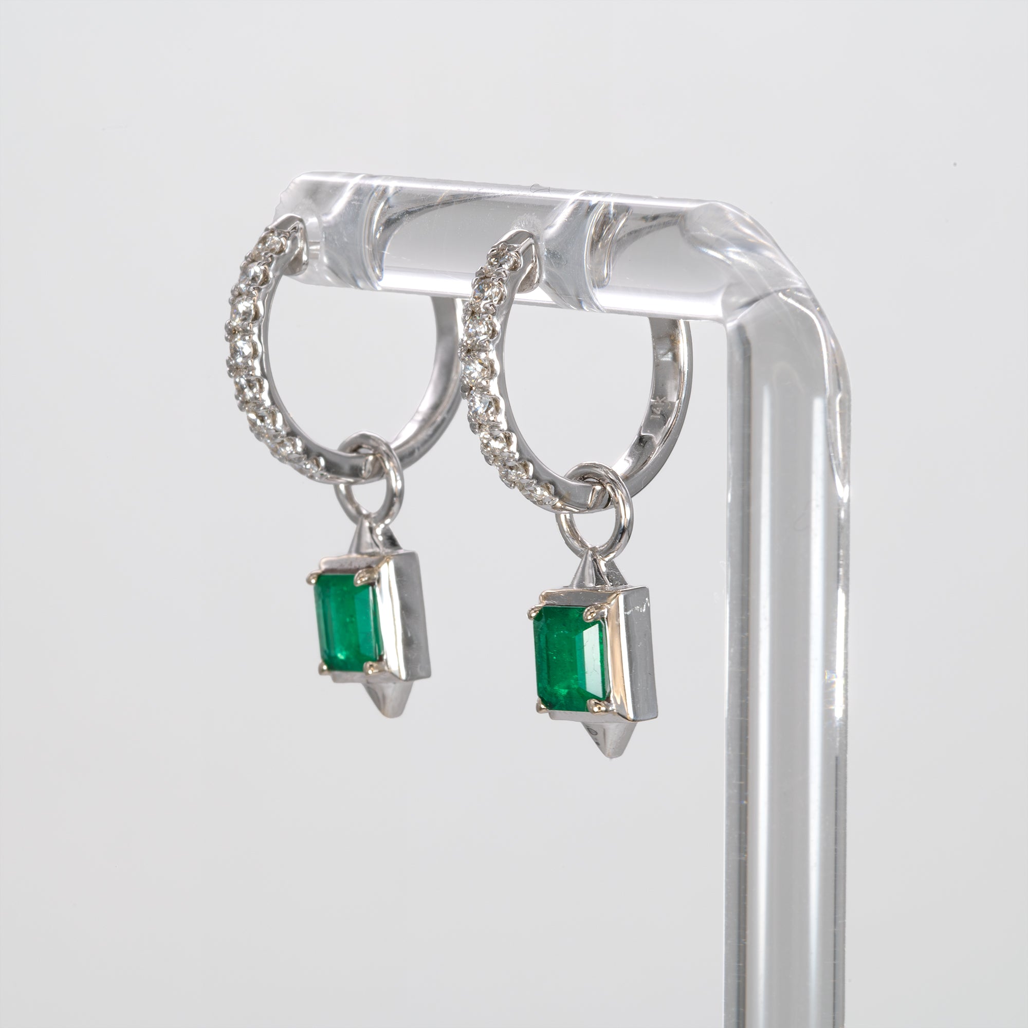 14K white gold convertible Colombian emerald hoop and drop earrings