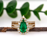 18K Yellow Gold GIA Certified Colombian Emerald Diamond Ring | Pear Shape 10.5x5.5mm