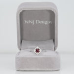 14K white gold red spinel ring with diamond halo