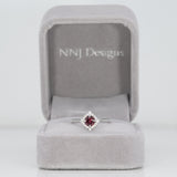 14K white gold red spinel ring with diamond halo
