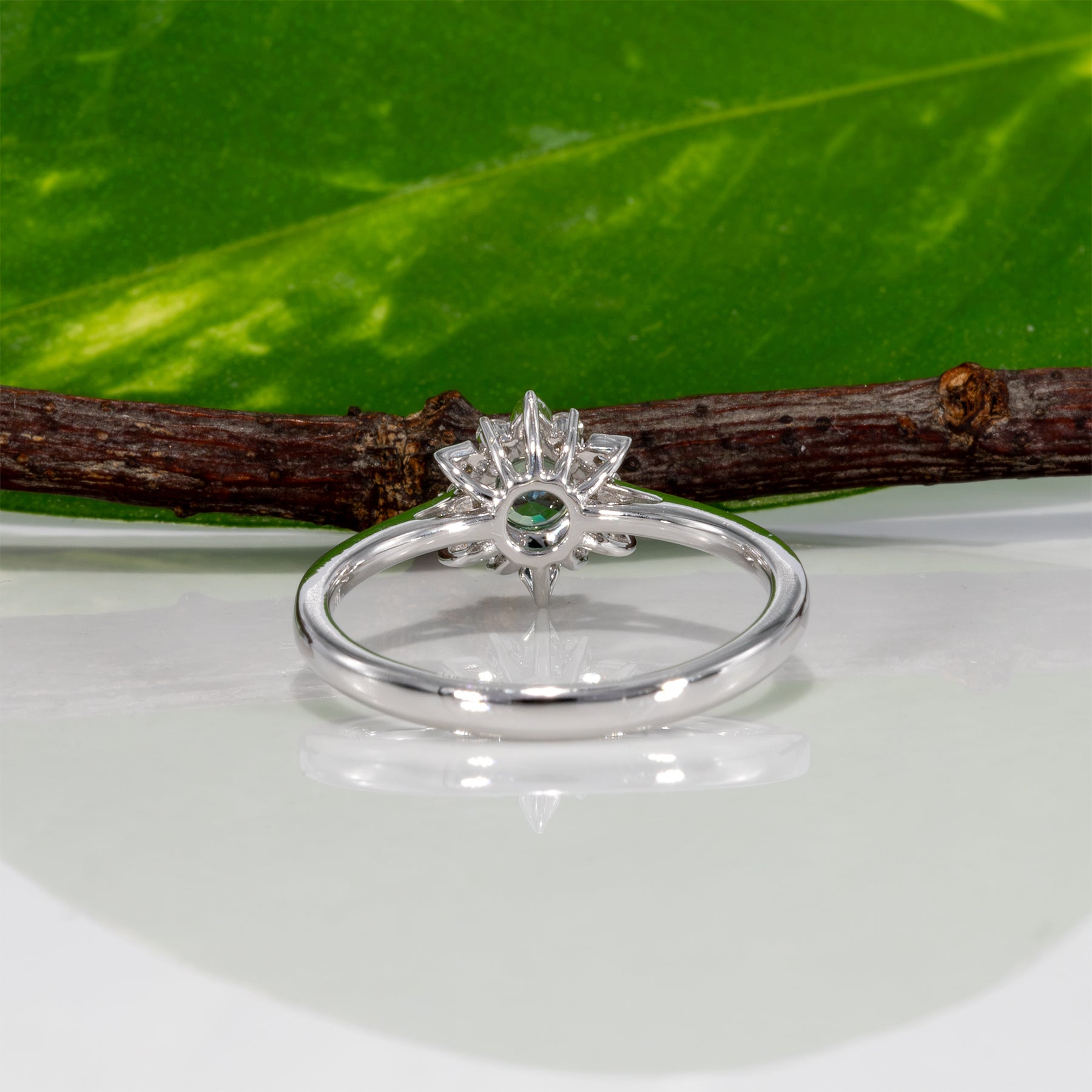 14K white gold alexandrite ring with diamond accents
