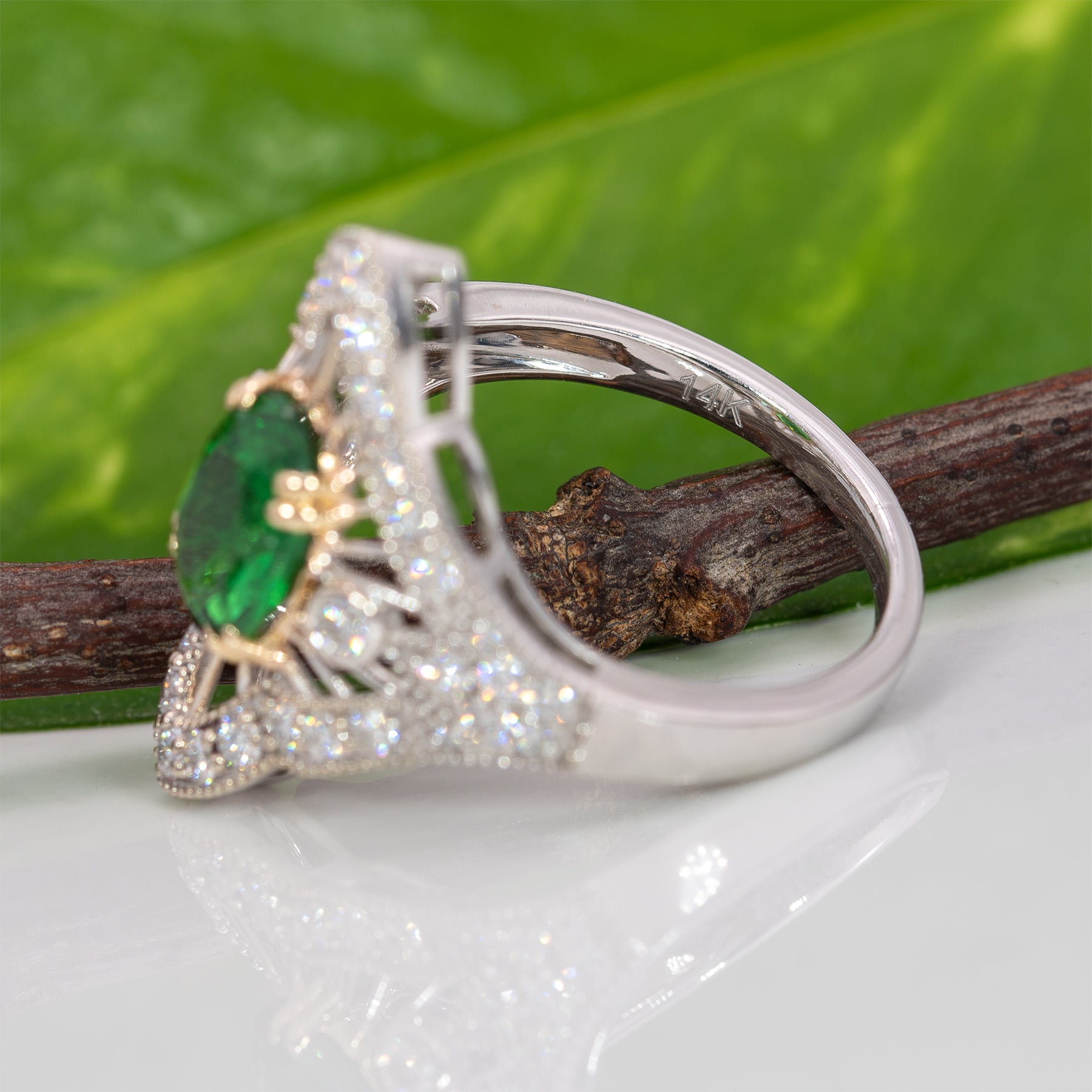 14K two-tone gold tsavorite garnet ring with diamond accents
