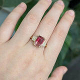 Lumi 14k Solid Gold Bi-color Tourmaline Ring with Natural Diamond Accents | Emerald cut 10.5x8mm