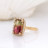 Josie 14K Yellow Gold Bi-Color Tourmaline and Diamond Halo Ring | Emerald Cut 12x8mm