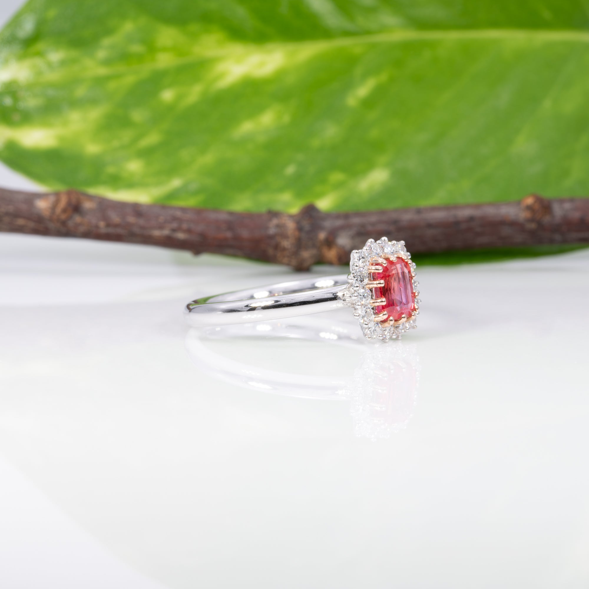 14K white & rose gold padparadscha sapphire ring with diamond accents
