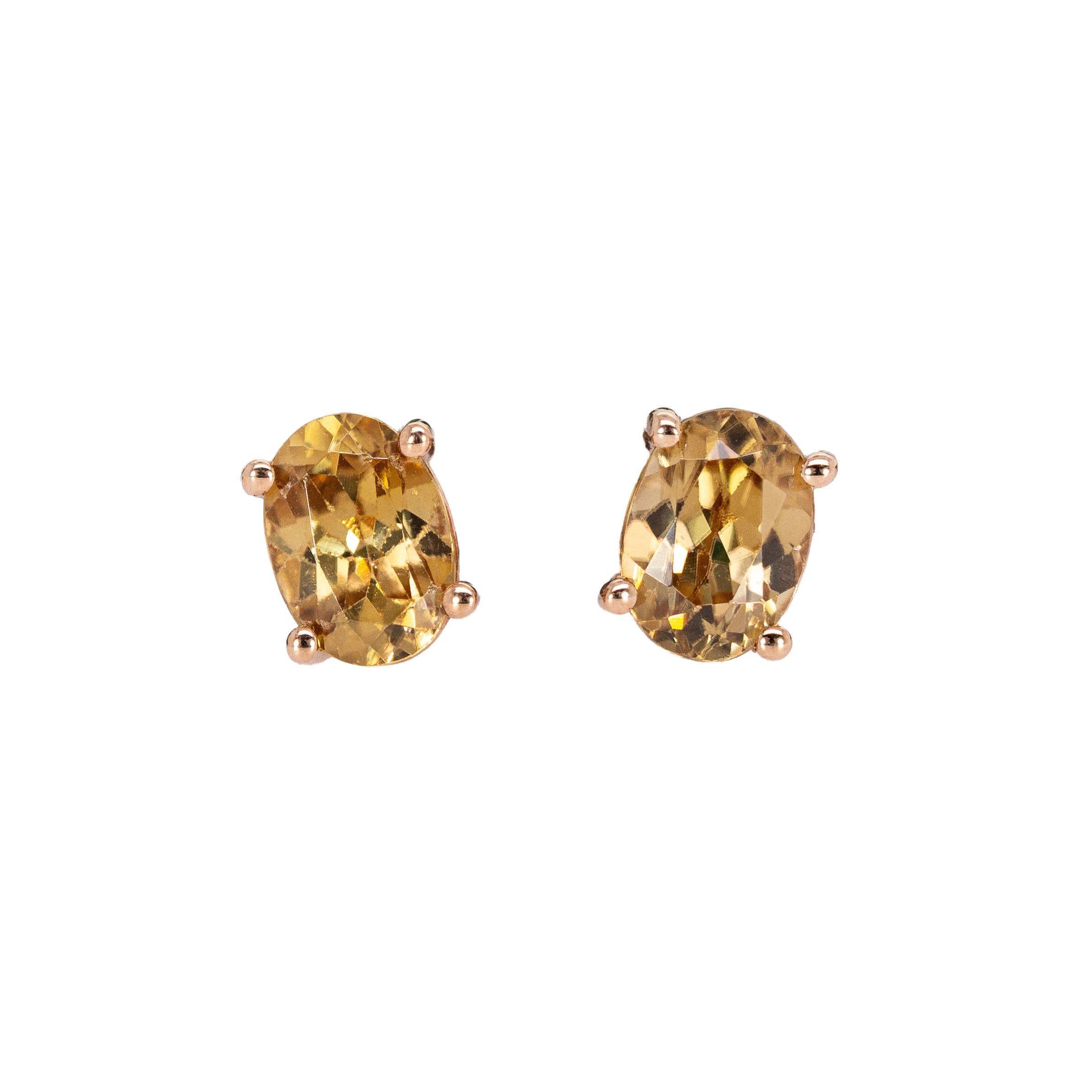 14K Gold Cambodian Champagne Zircon Solitaire Stud Earrings | Oval 7x5mm