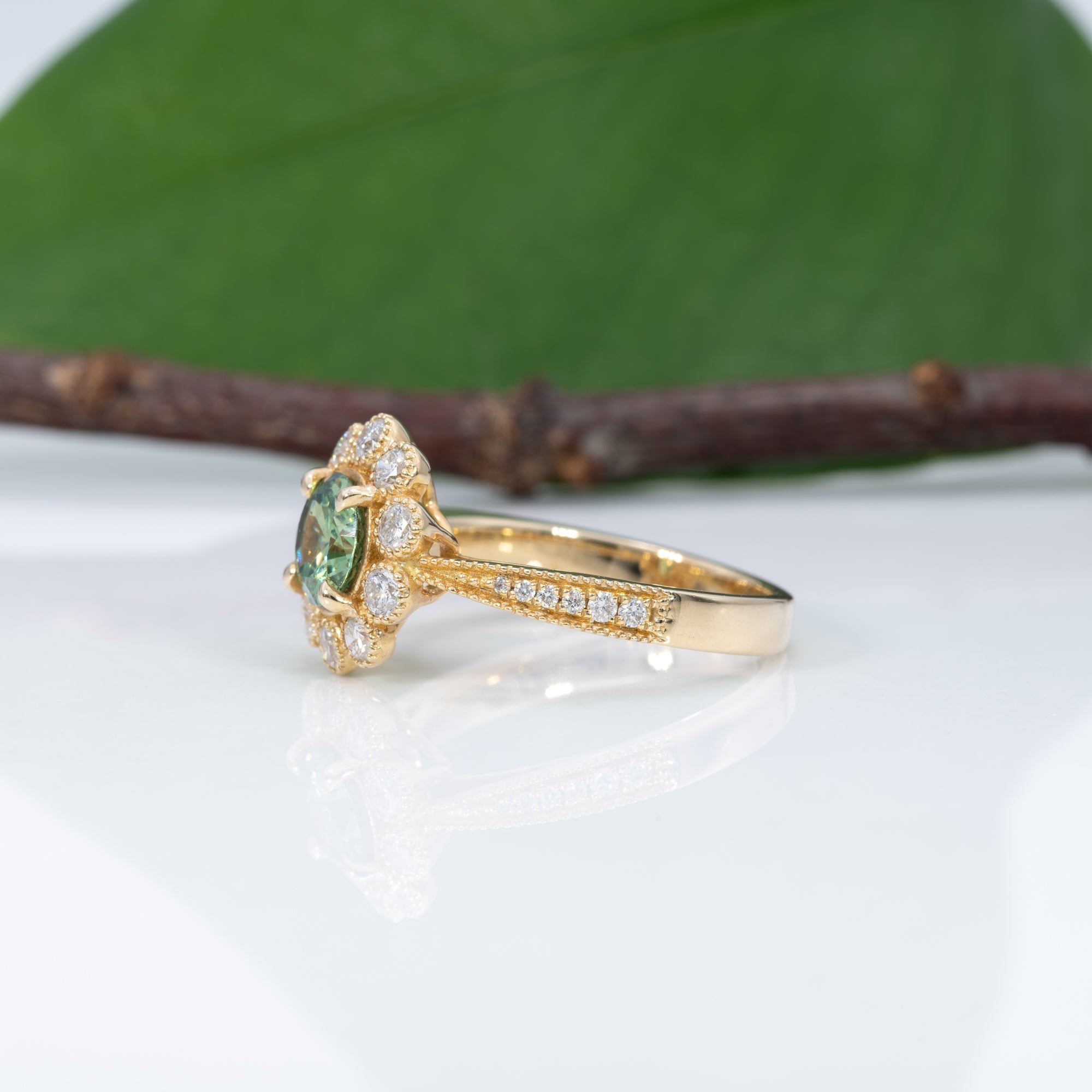 14K yellow gold demantoid garnet ring