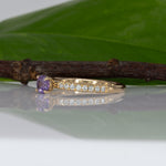 14K yellow gold purple sapphire round ring with diamond halo