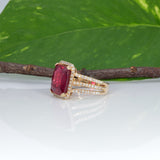 14K yellow gold Madagascar ruby ring with diamond halo