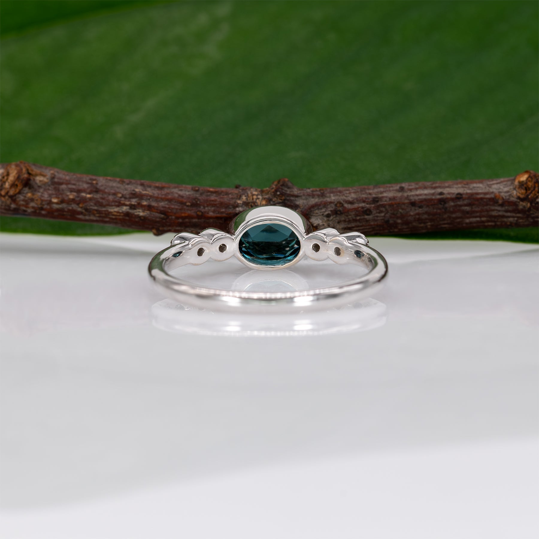 14K white gold indicolite tourmaline ring with diamond accents