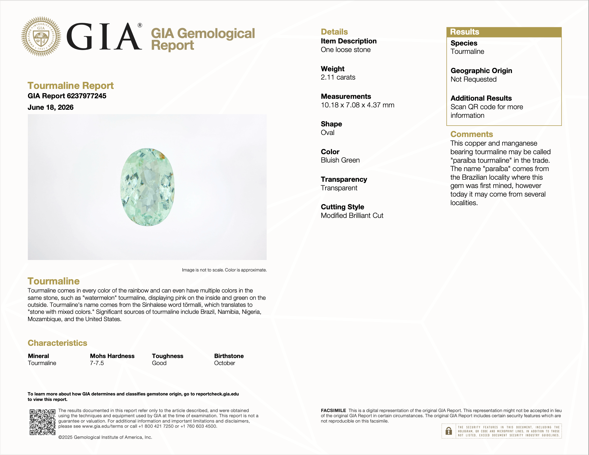 GIA report 6237977245 for 2.11 carat natural untreated Paraiba tourmaline
