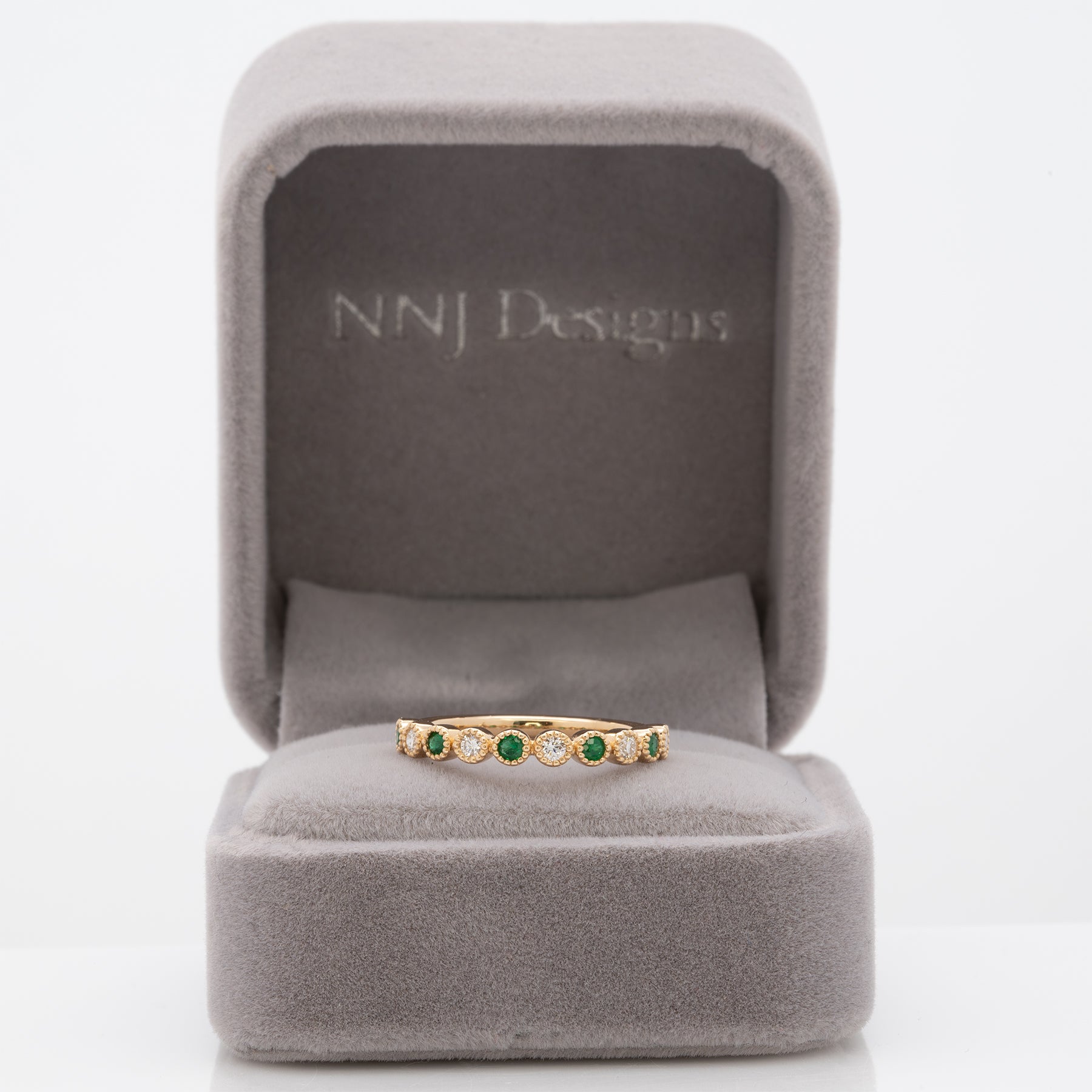 14K yellow gold Zambian emerald band ring with diamond accents