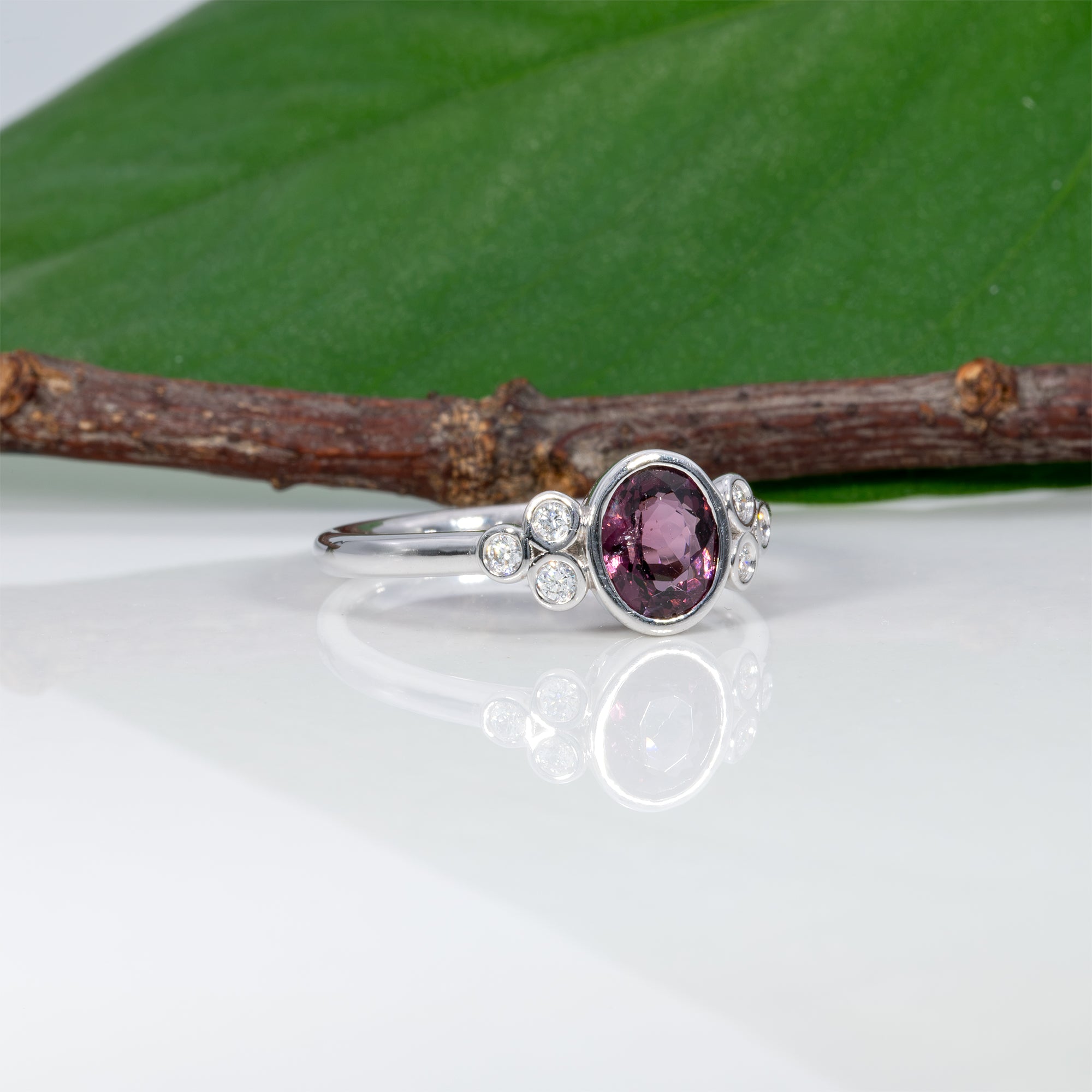 14K white gold purple spinel ring with diamond accents