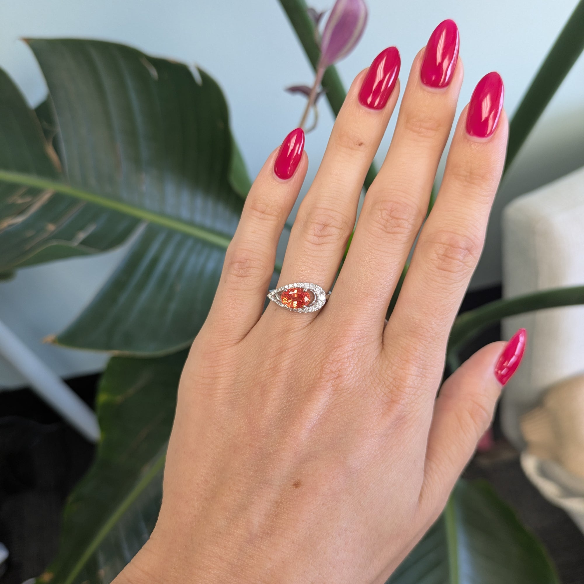 14K white gold padparadscha sapphire ring with diamond accents