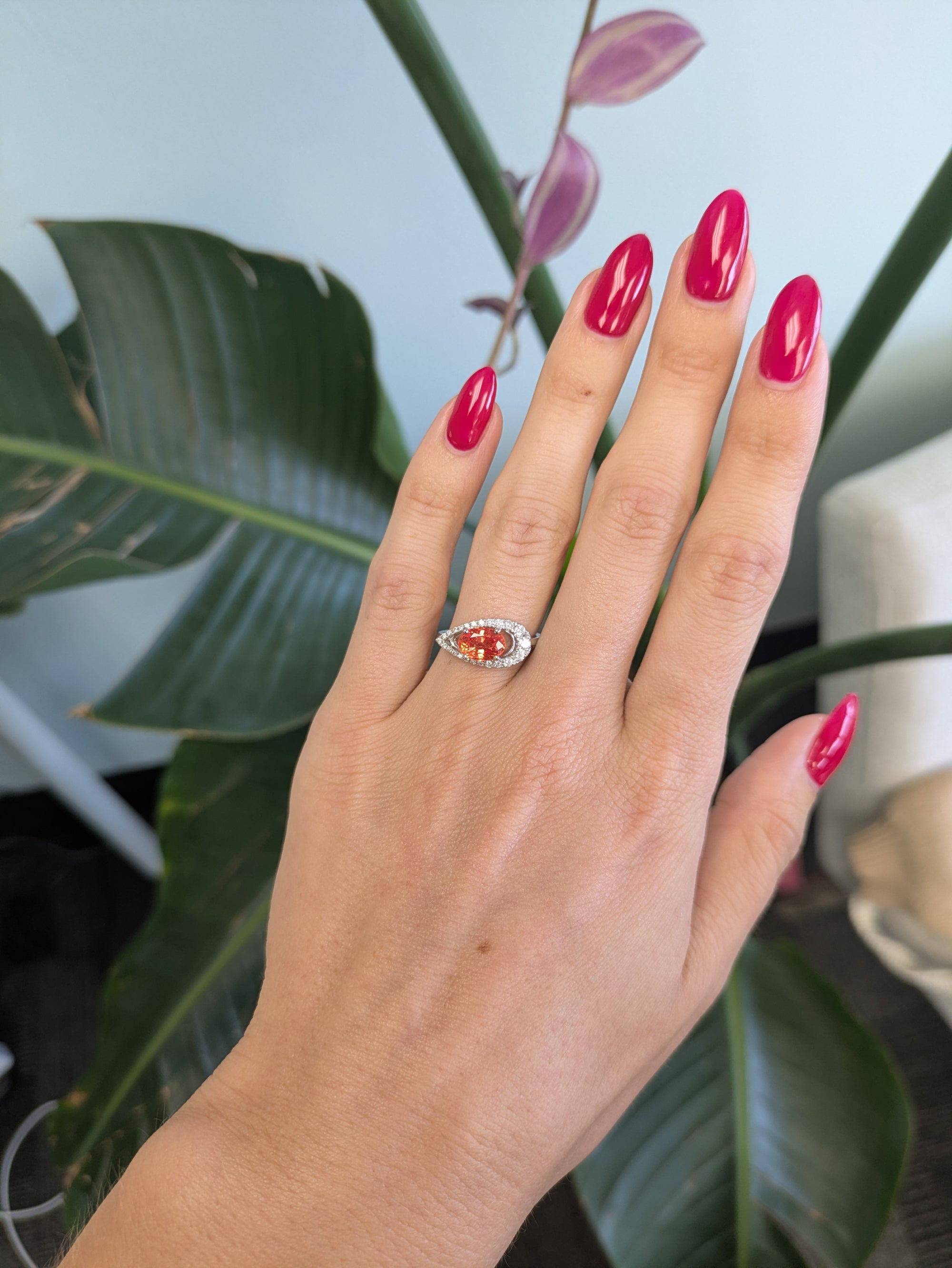 14K white gold padparadscha sapphire ring with diamond accents