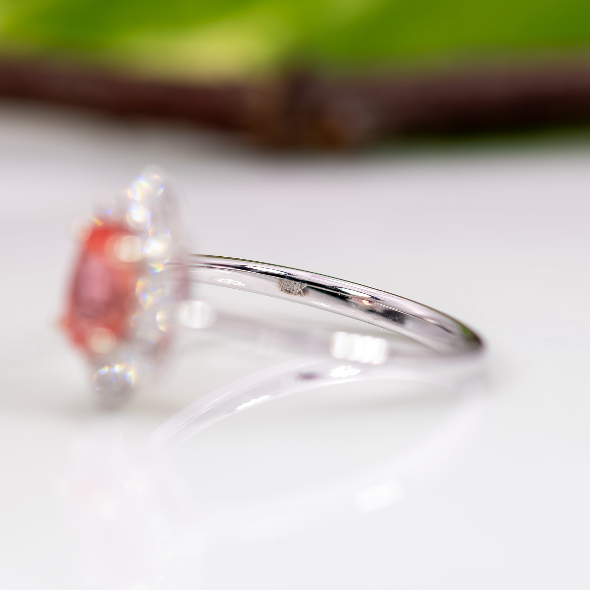 14K white gold padparadscha sapphire ring with diamond accents