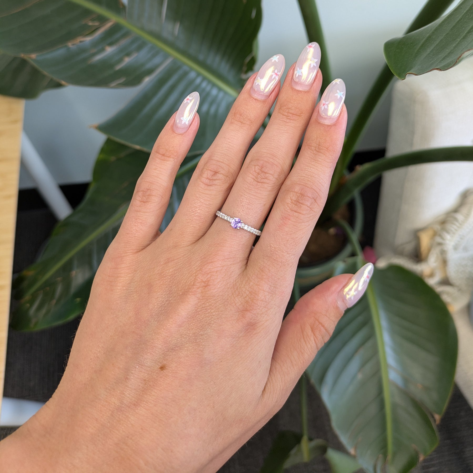 14K white gold purple sapphire round ring with diamond halo