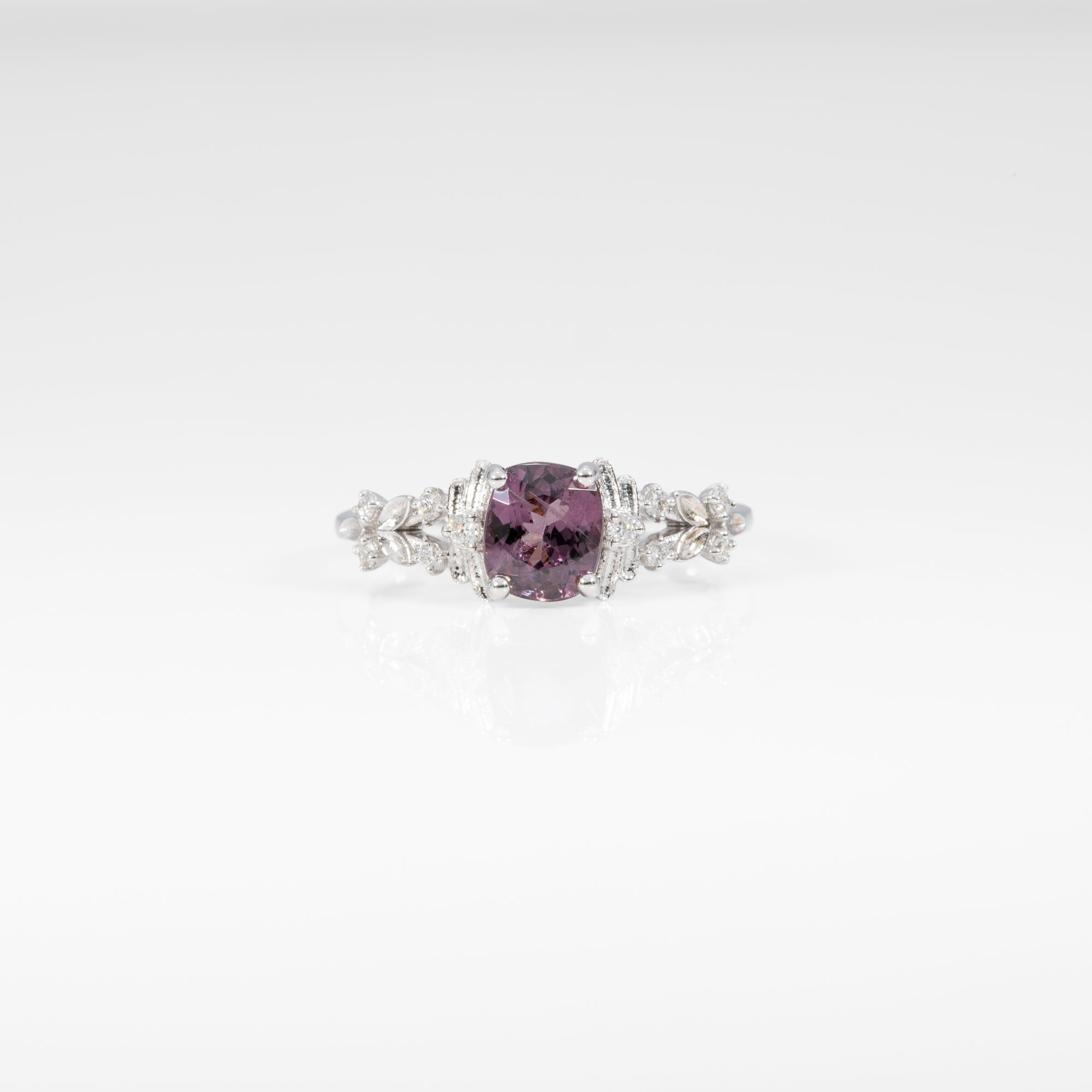 14K white gold purple spinel ring with diamond accents
