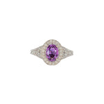 14K white gold pink sapphire oval ring with diamond halo