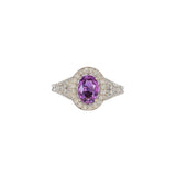 14K white gold pink sapphire oval ring with diamond halo