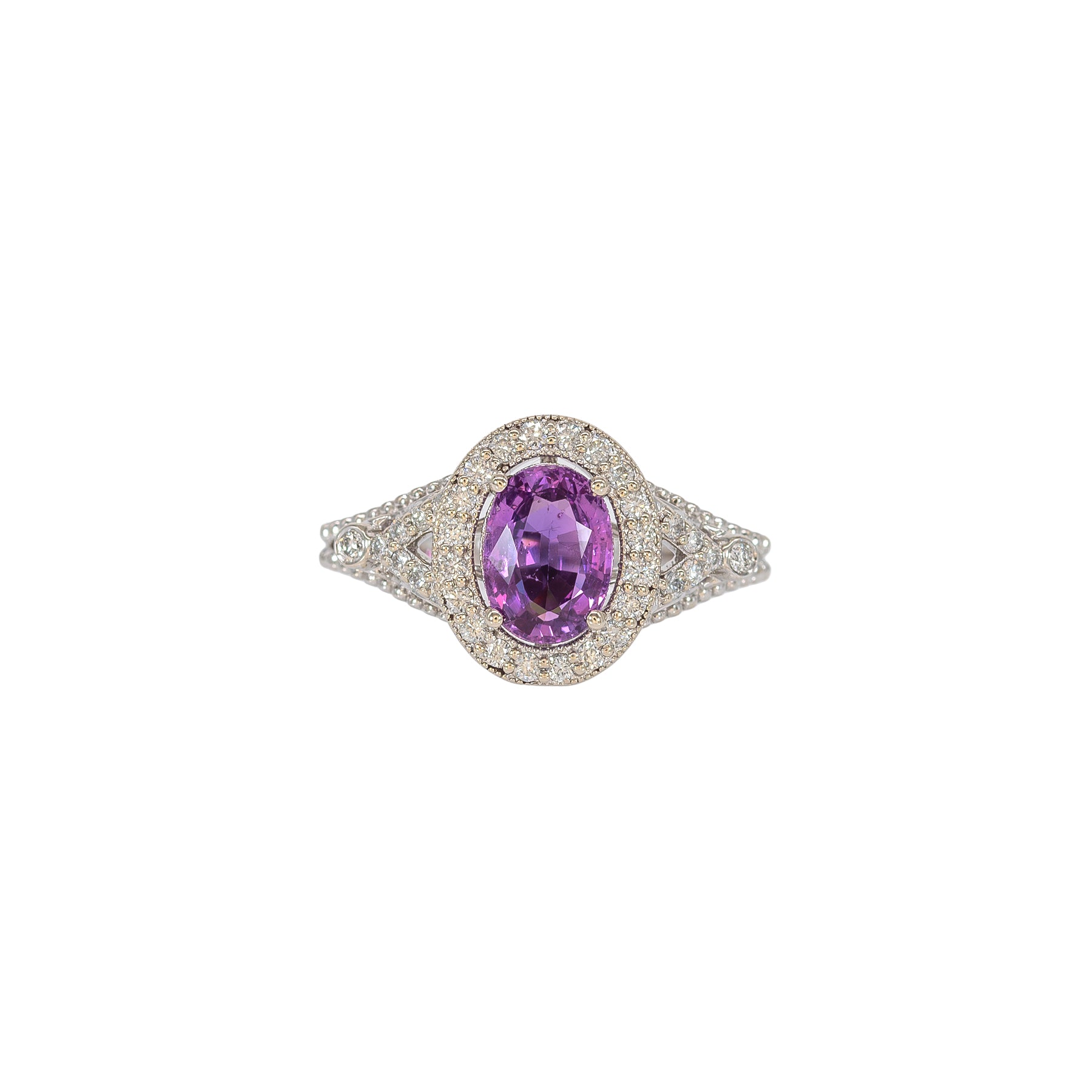 14K white gold pink sapphire oval ring with diamond halo