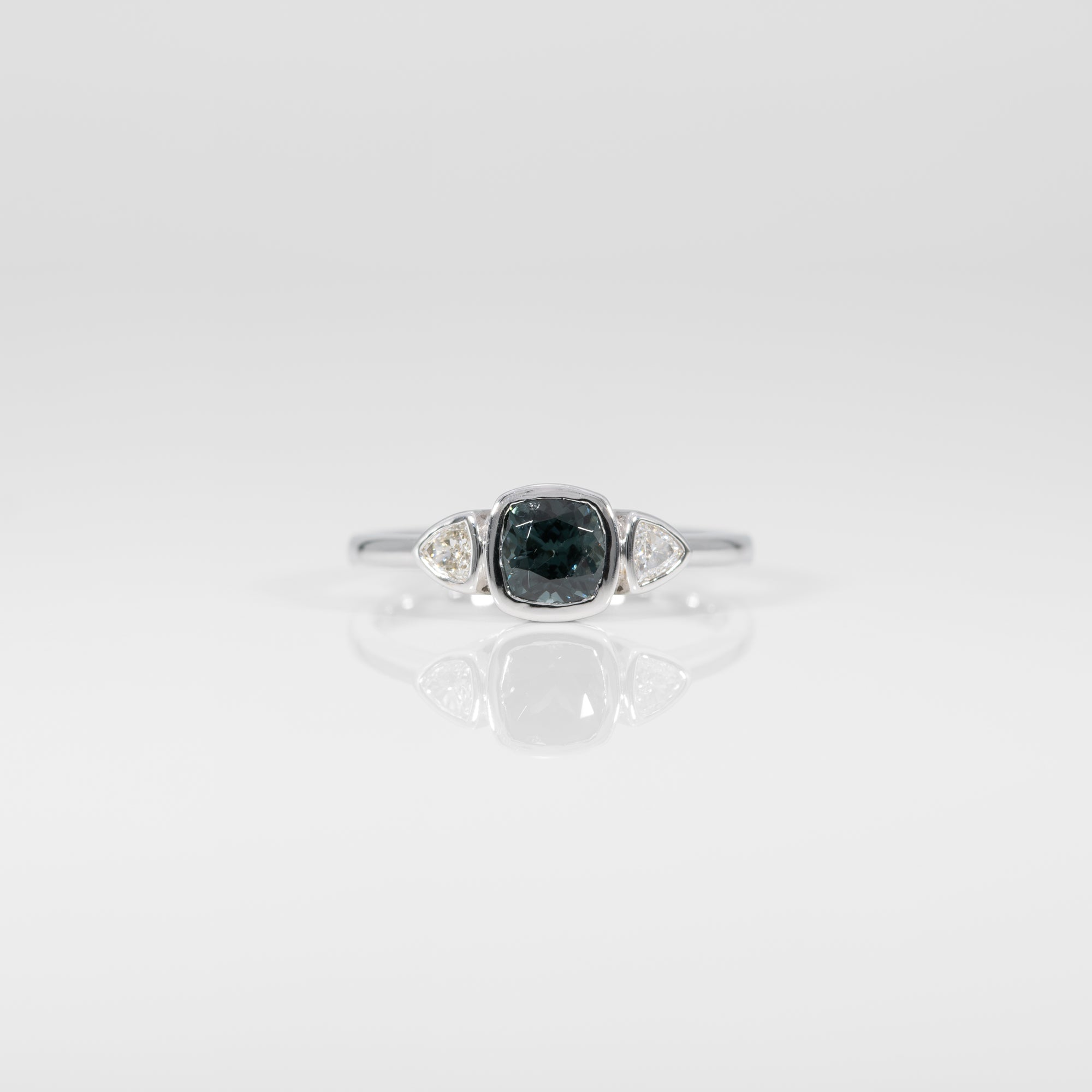 14K white gold blue spinel ring with diamond accents