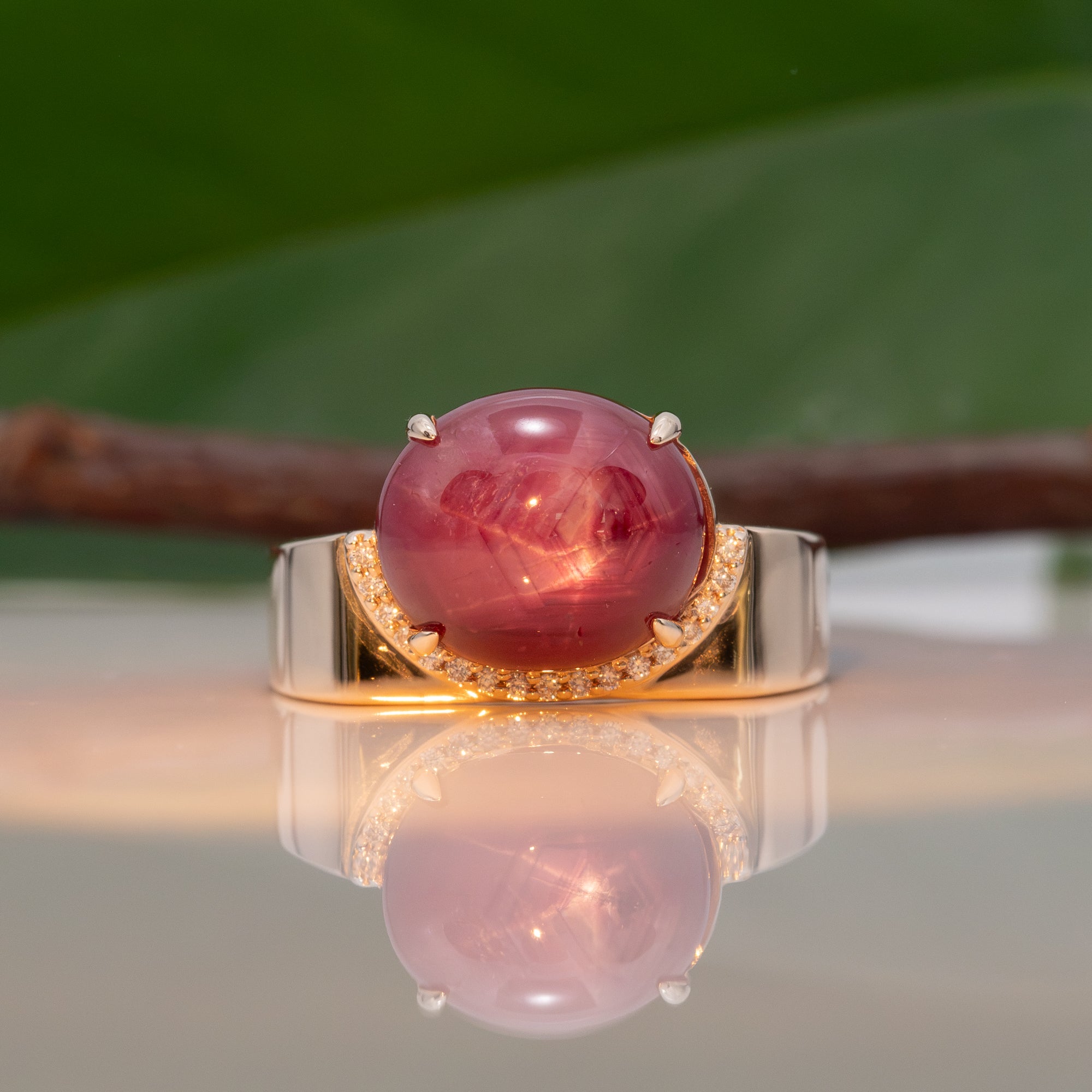 14K yellow gold star ruby ring with diamond accents
